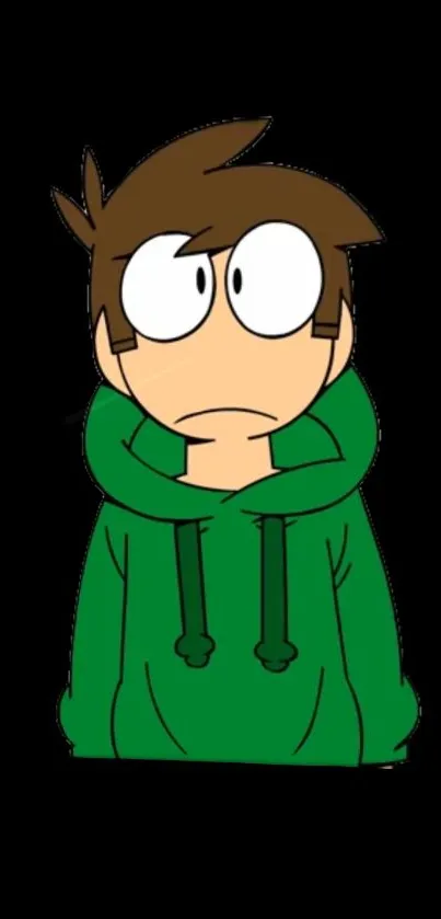 Cartoon character wearing a green hoodie on a black background.