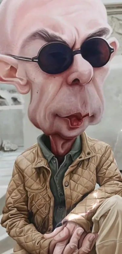 Cartoon character with sunglasses and brown jacket in a whimsical art style.