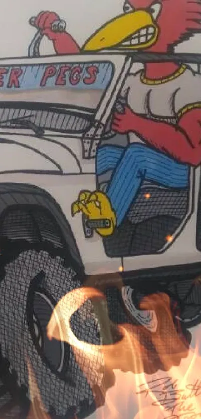 Cartoon bird driving a rugged Jeep, vibrant design.