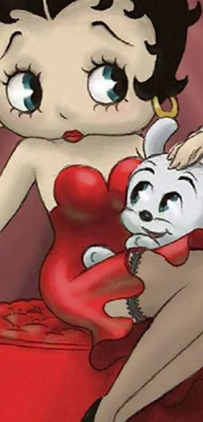 Cartoon character in red dress holding a small creature with big eyes.