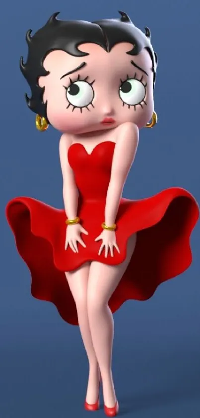 Classic cartoon character in red dress against a blue backdrop.