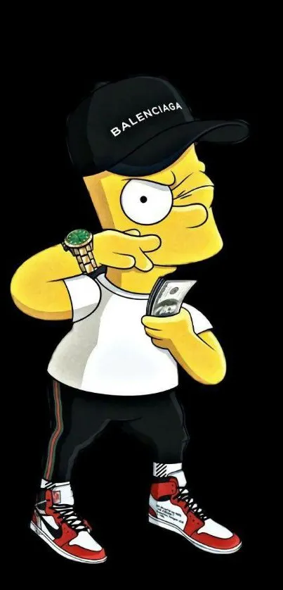 Yellow cartoon character wearing trendy streetwear on a black background.