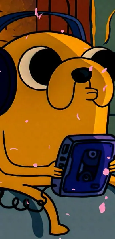 Cartoon dog character with headphones and device.