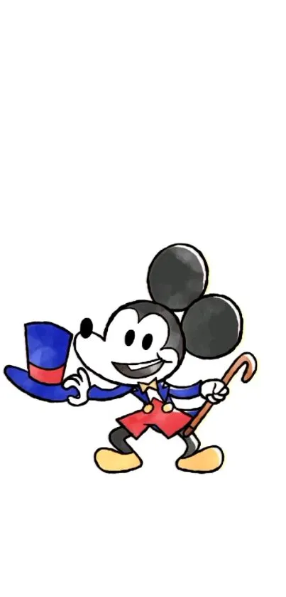 Cartoon mouse in colorful outfit with hat and cane.