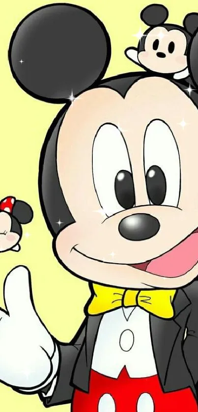 Cheerful cartoon mouse with companions on a light yellow background.