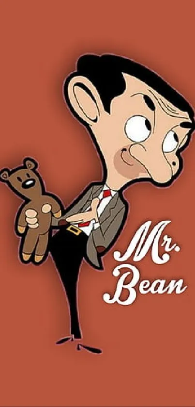 Cartoon character with teddy bear on terracotta background.