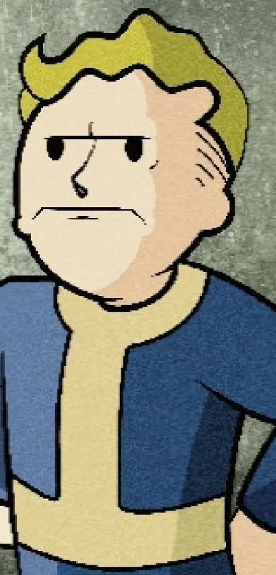 Cartoon character in a blue outfit set against a textured gray background.