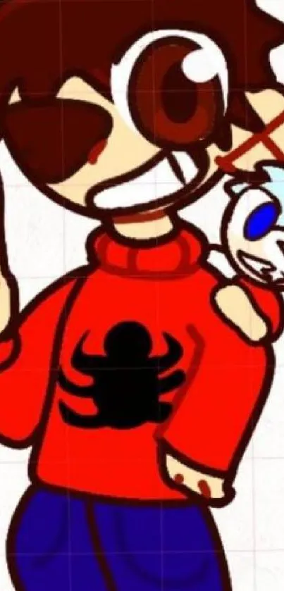 Cartoon character in red sweater with a peace sign.