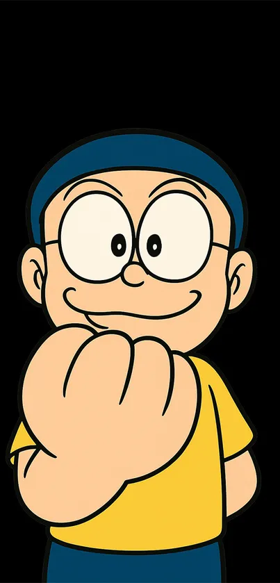 Cartoon character with yellow shirt on black background.