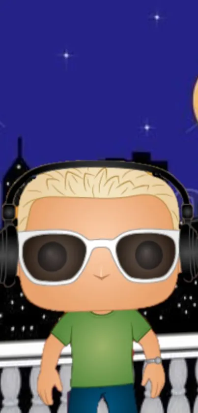 Cartoon character with headphones against a dark blue night cityscape.