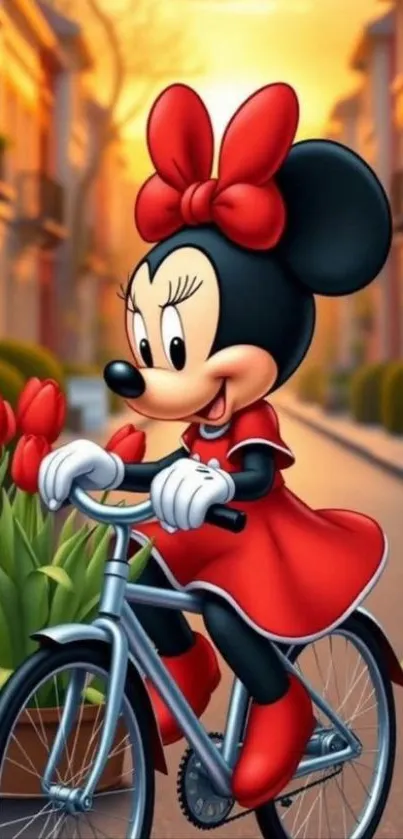 Cartoon character cycling in a red dress with tulips.