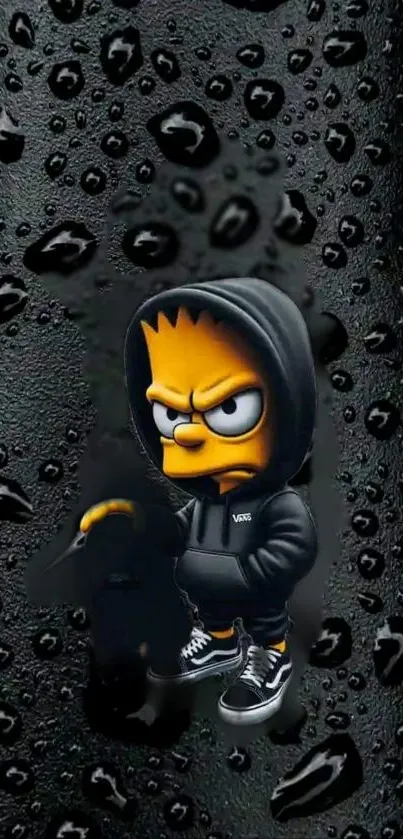 Cartoon character in hood against black, glossy raindrop background.