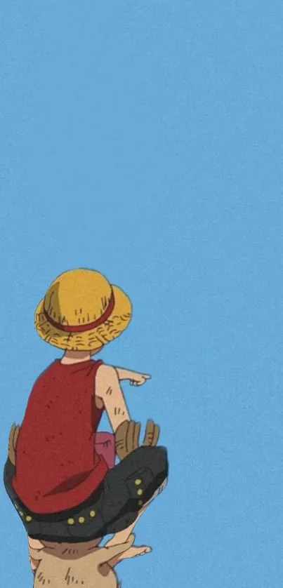 Cartoon character in red vest with straw hat on a blue sky background.