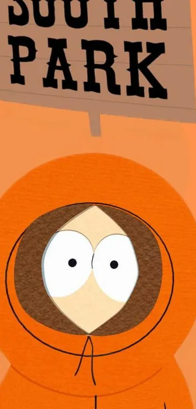 South Park character in orange hoodie, playful cartoon wallpaper.