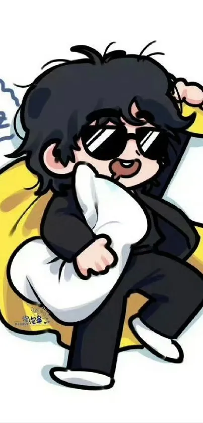 Cartoon character in dark outfit with sunglasses on mobile wallpaper.