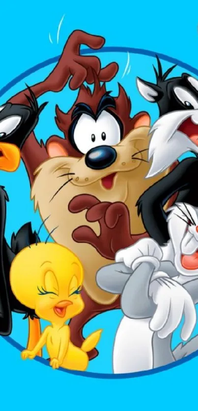 Animated characters on sky blue phone wallpaper.