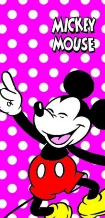 Cartoon character in polka dot design on magenta background.