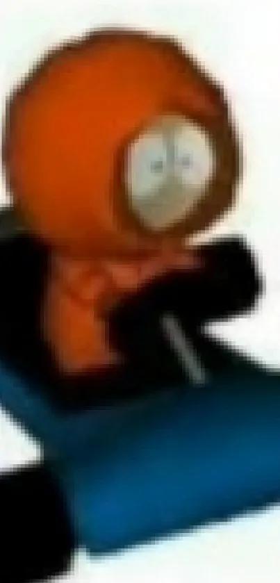 Cartoon character riding a blue go-kart with an orange suit.