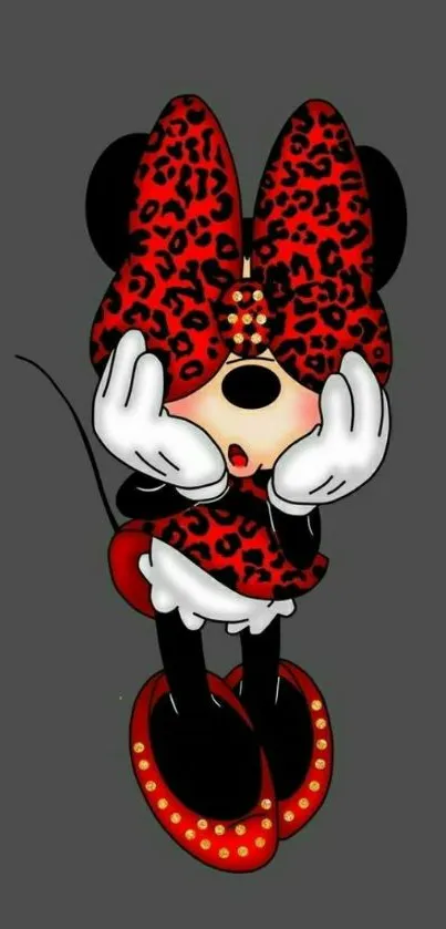 Cartoon character with red leopard dress on gray background.