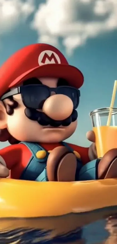 Cartoon character lounging on float with drink.