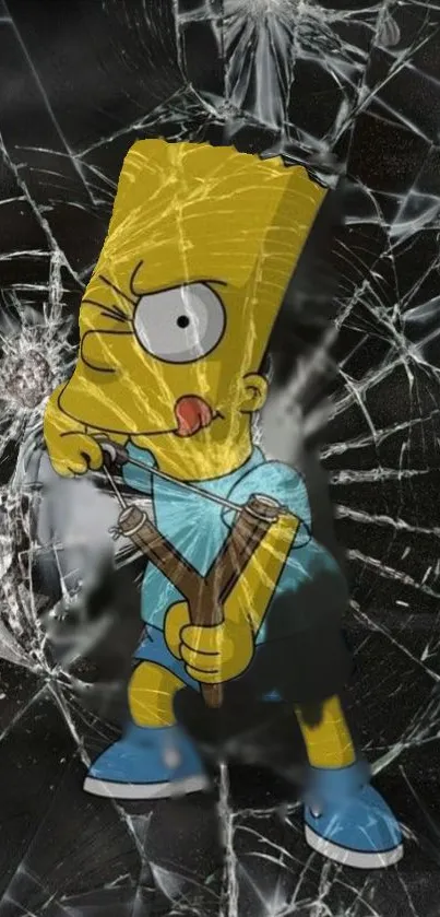 Cartoon character with slingshot on a shattered glass background.