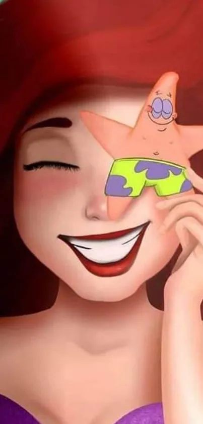 Smiling cartoon character holding a starfish toy on face.