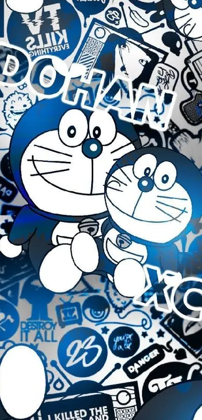 Cartoon character wallpaper with blue sticker art design.