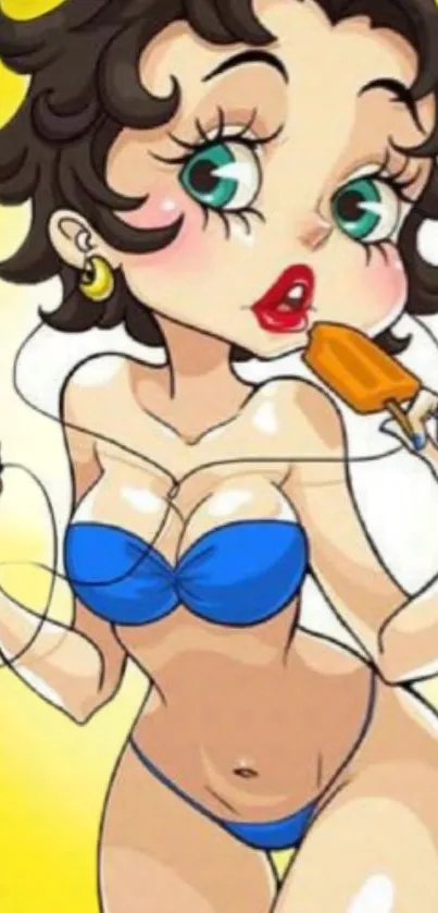 Cartoon character in blue swimsuit enjoying a popsicle, with a sunny yellow background.