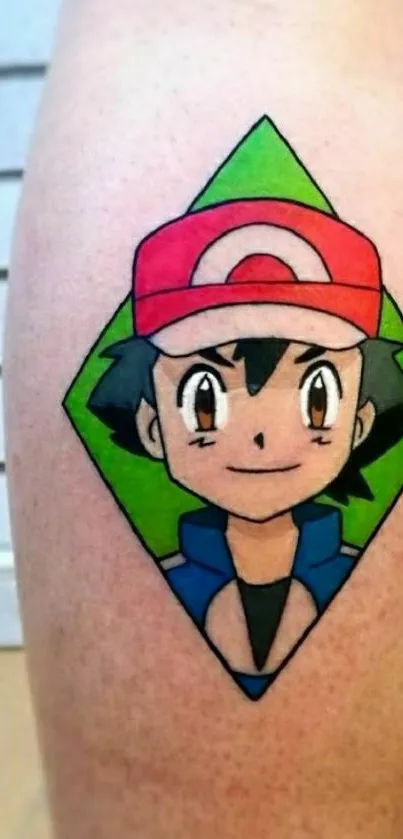 Vibrant cartoon character tattoo on skin with green background.