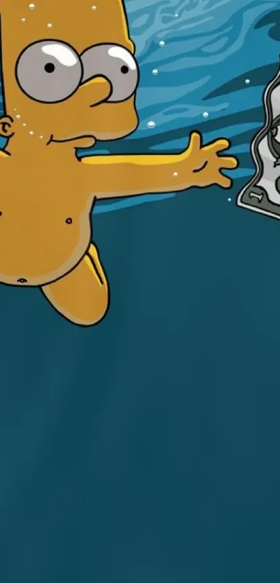 Cartoon character dives underwater with a dollar bill nearby.