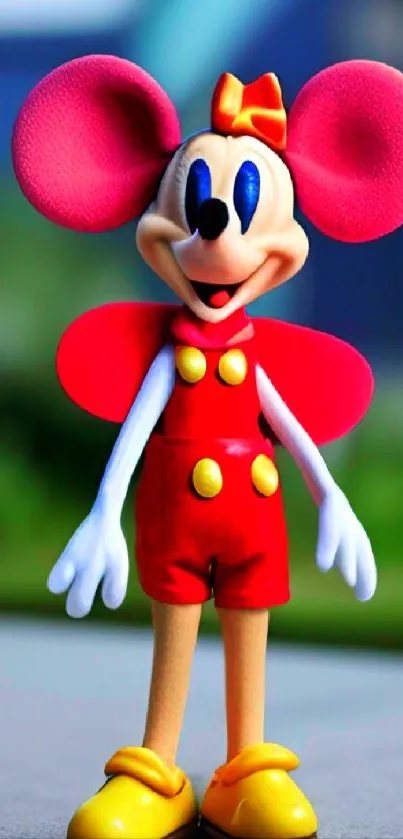 Vibrant cartoon character in red outfit with large ears and a playful stance.