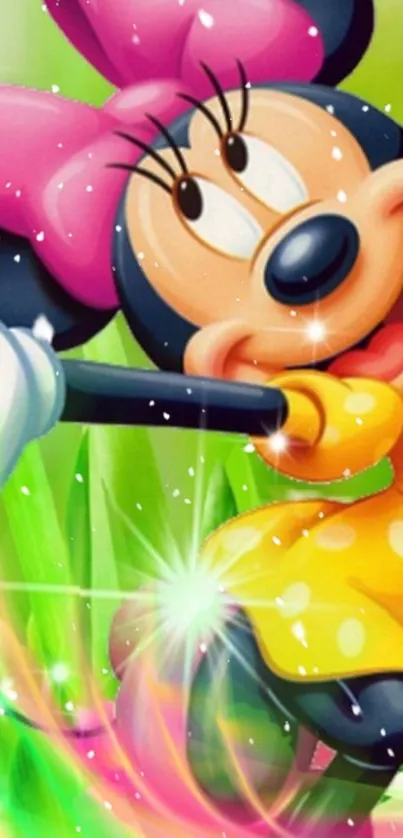 Vibrant cartoon character wallpaper with green background.