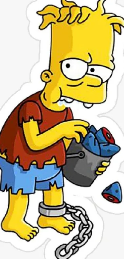 Cartoon character in tattered clothes with chain.