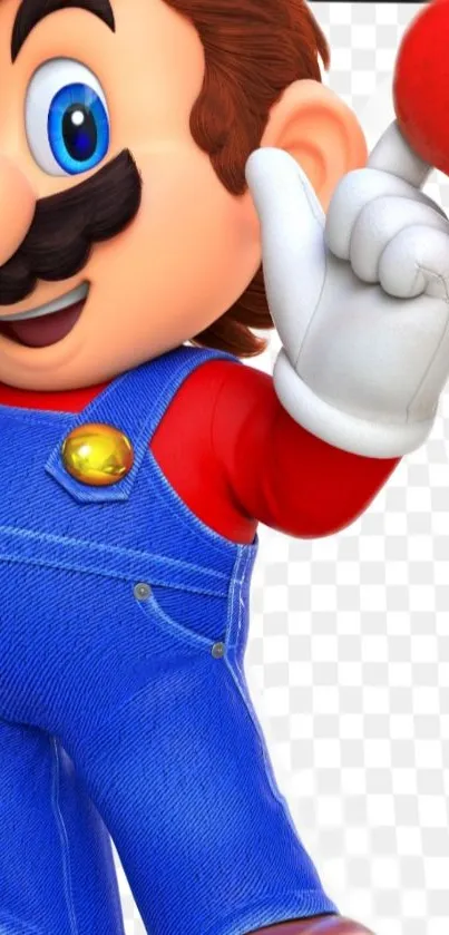 Cartoon character with blue overalls, red shirt, and a red cap, smiling.