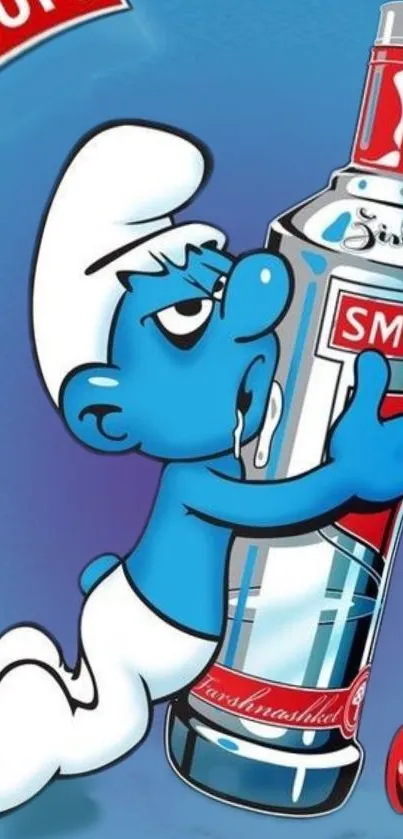 Smiling cartoon character embraces a large colorful bottle.