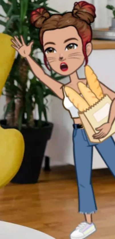 Cartoon girl holding bread in a modern room.