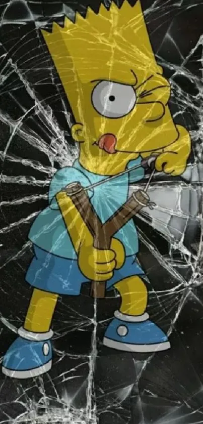 Cartoon character holding slingshot with shattered glass background.