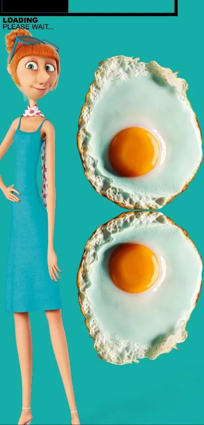 Cartoon character with two fried eggs on teal background.