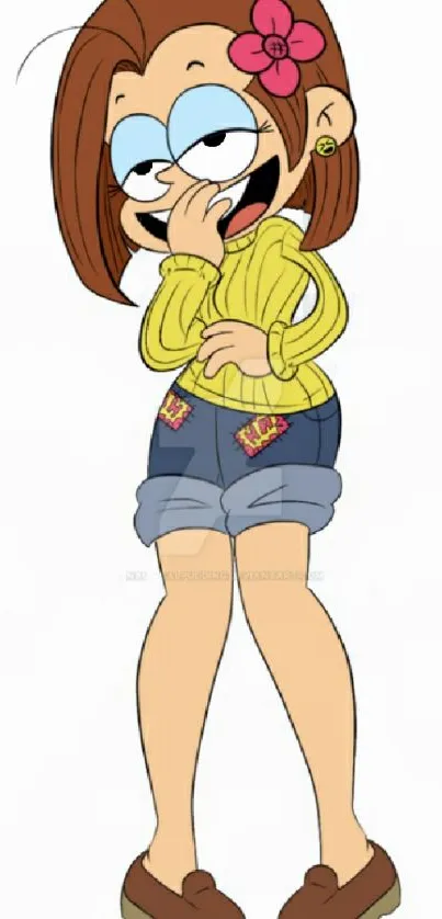 Cartoon character with flower accessory, wearing casual outfit.