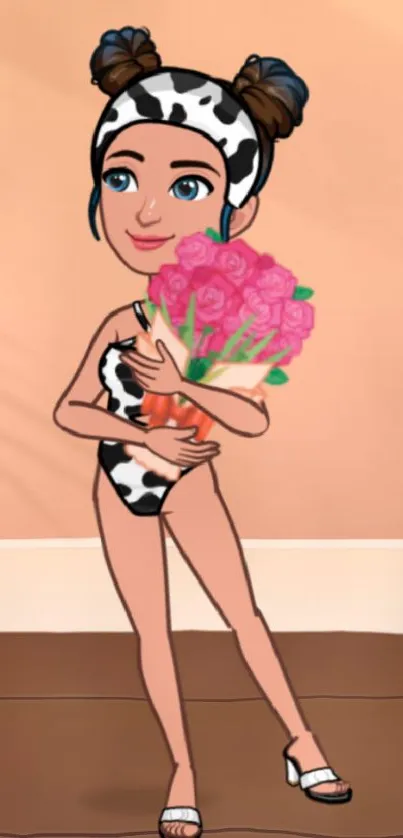 Cartoon character in swimsuit holding flowers on peach background wallpaper.