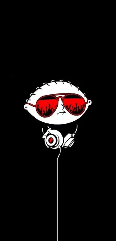 Cartoon character with red sunglasses and headphones on black background.