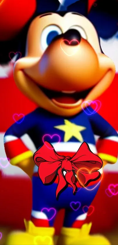 Cartoon character with hearts on red background.