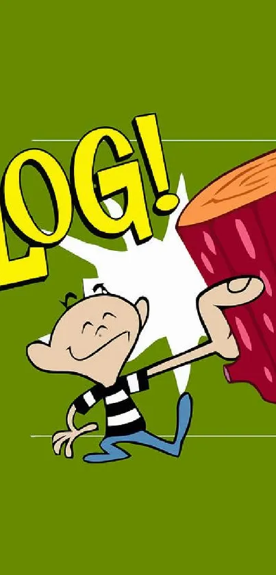 Cartoon character holding a log on a green background.