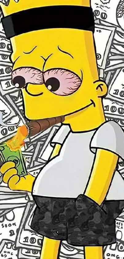Yellow cartoon character with money and cigar.
