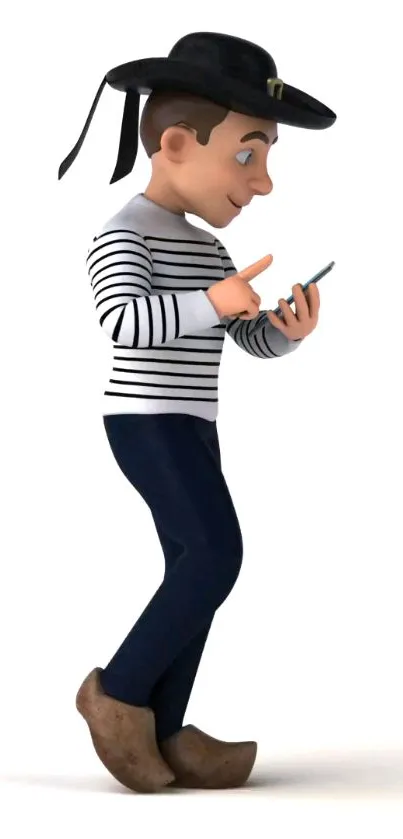 Cartoon character with a mobile phone, in striped attire and brown hat.