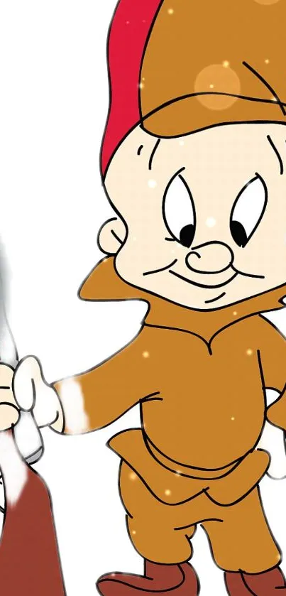 Cartoon character in brown outfit holding a rifle, on a white background.