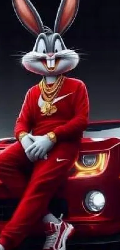 Cartoon character in red leaning on a sports car.