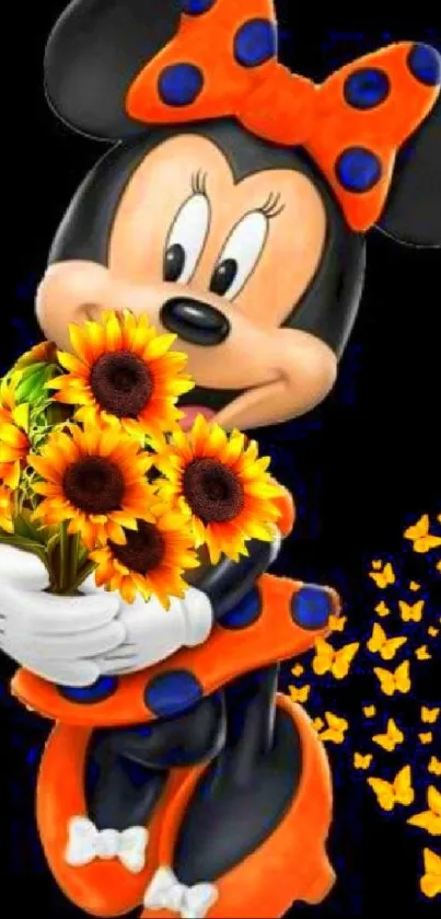 Cartoon mouse holding a bouquet of sunflowers with butterflies around.