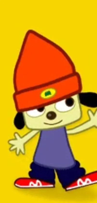 Cartoon character on yellow background with orange hat and red shoes.