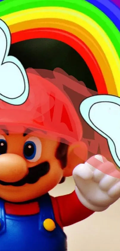 Cartoon characters with a colorful rainbow background.